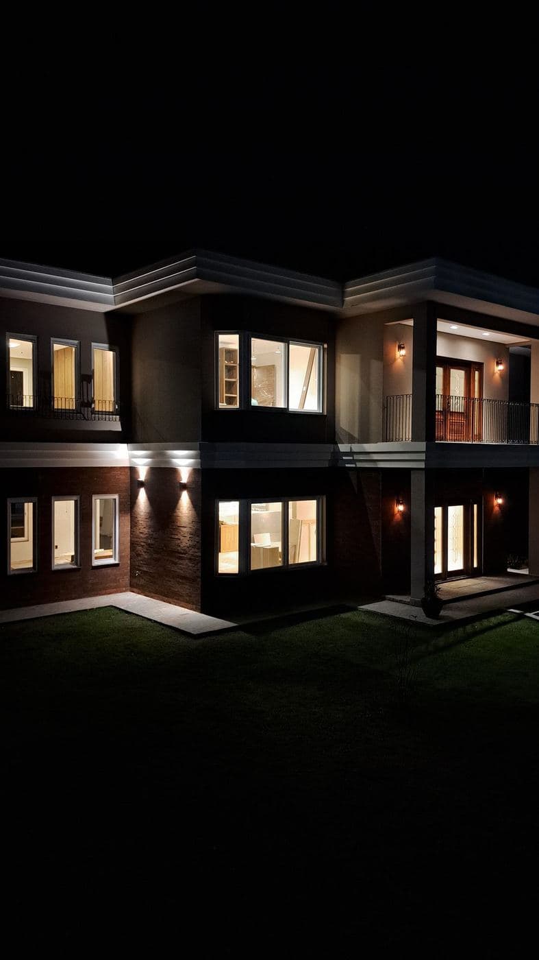 Fachada residencial: Arandelas de facho duplo na fachada e iluminação dos ambientes para valorizar a casa à noite.