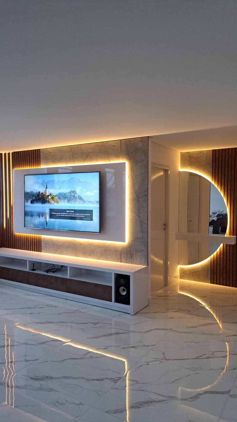 Sala de TV: Painel de TV com LED no contorno, espelho com luz de fundo e perfil de LED rente ao piso.