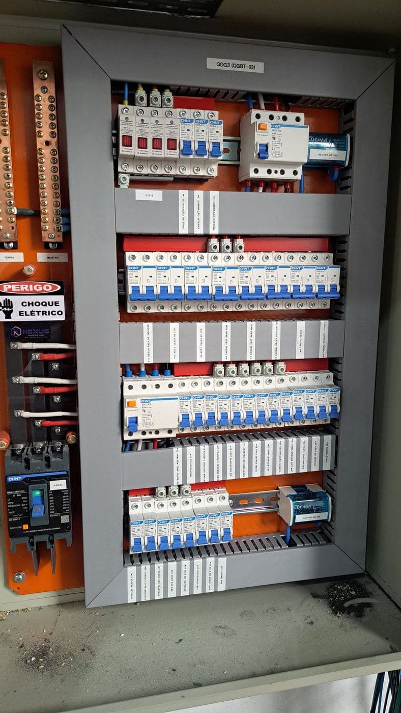 Quadro de distribuição comercial: Montagem de quadro com disjuntores, DRs e barramentos, organizados e identificados por circuito.