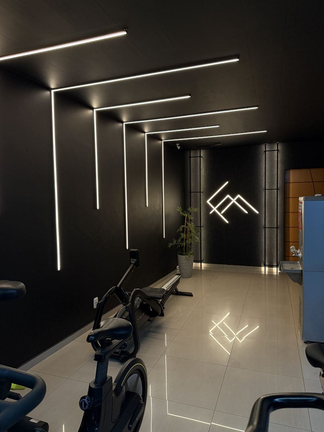 Academia, corredor: Linhas de perfil de LED que descem do teto pela parede até o logotipo iluminado.